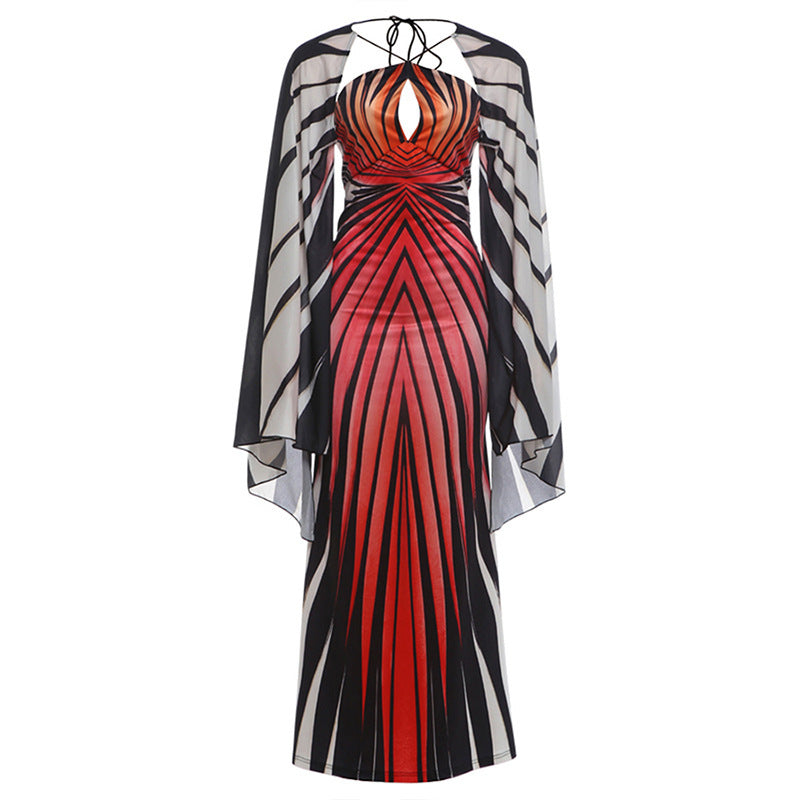 Striped Print Halter Neck Bodycon Maxi Dress with Cape Sleeves 2