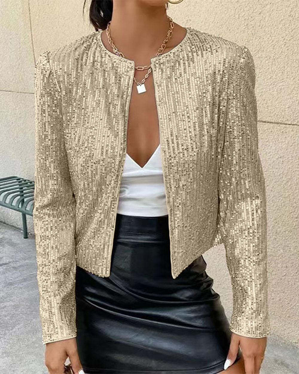 Smart sequined stand-up collar short coat