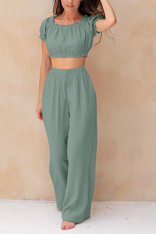 Off Shoulder Ruched Crop Top Pants Sets