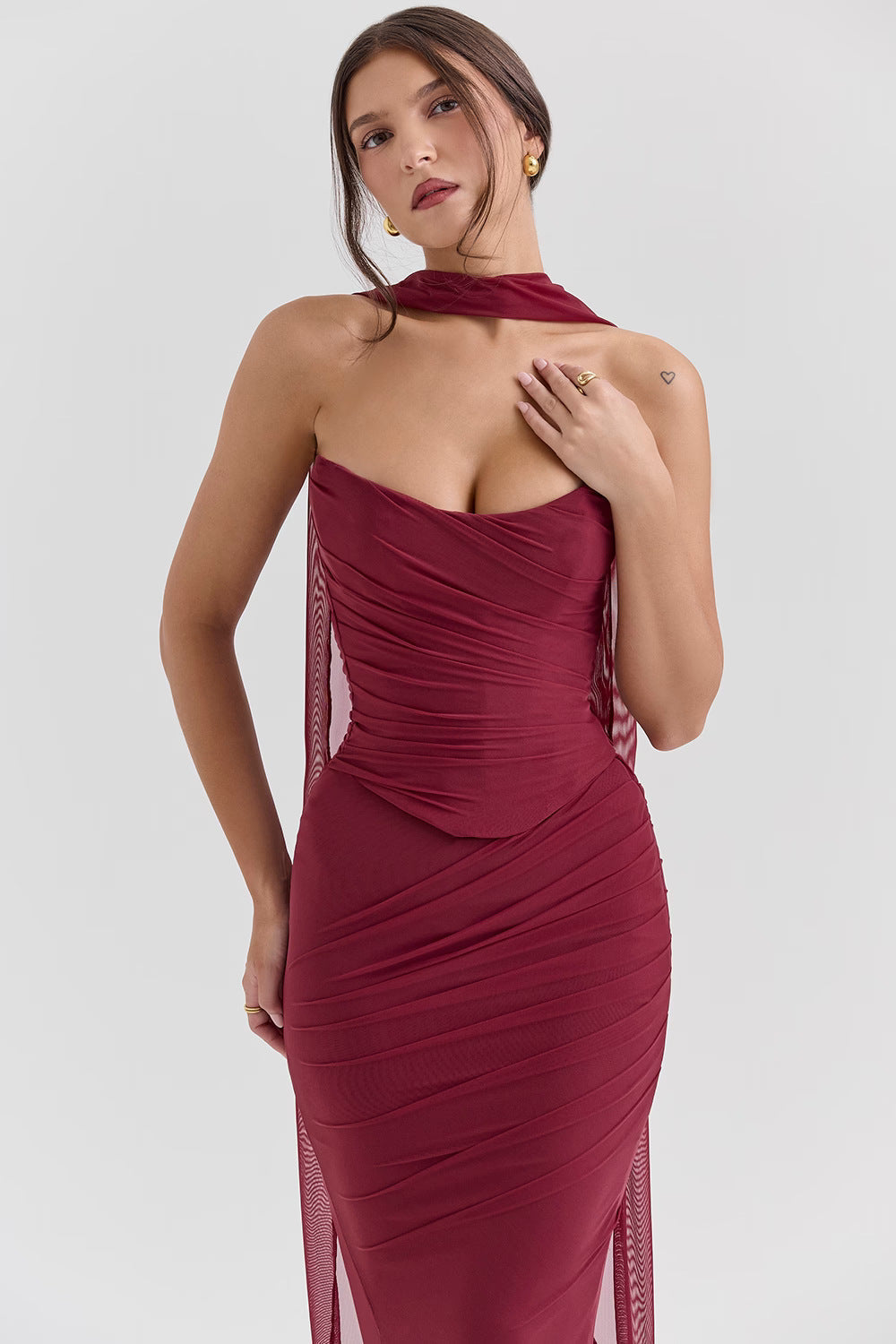 One Shoulder Draped Sash Ruched Fishtail Maxi Gown