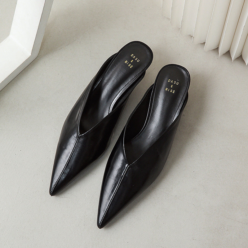 Pointed Toe V Cut Low Heel Mules