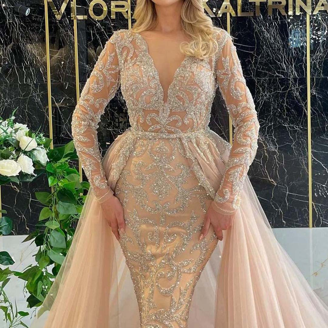Sequin Mesh Deep V-Neck Long Sleeve Mermaid Overskirt Train Gown