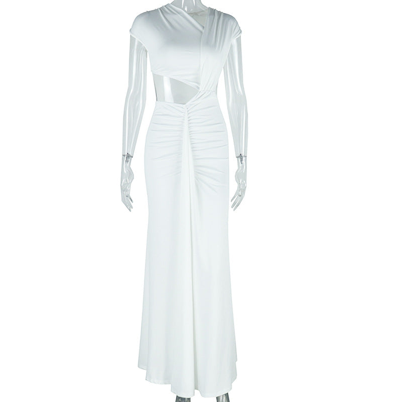 Asymmetric Neck Sleeveless Cut Out Waist Draped Mermaid Maxi Dress 5
