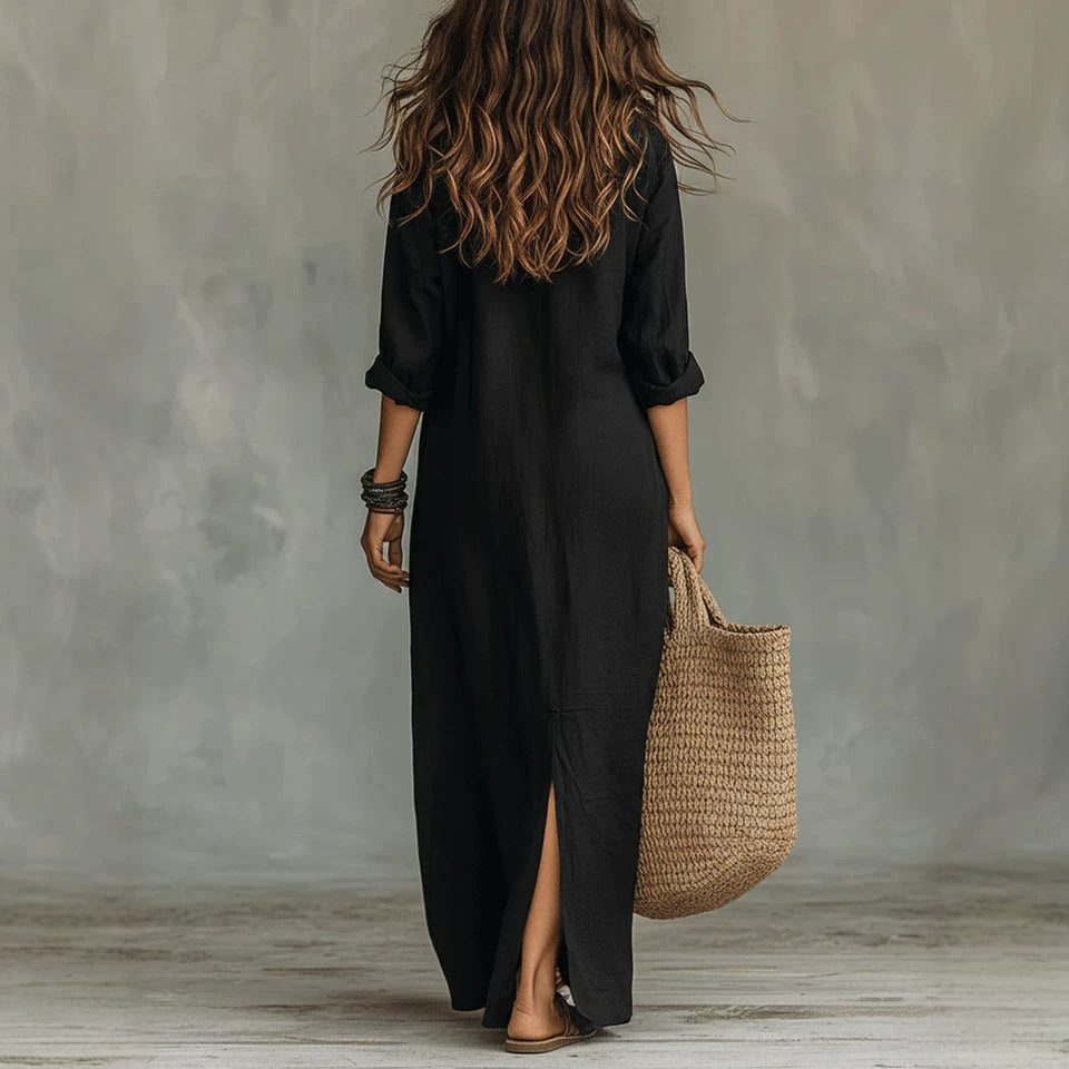 Collared Button Front Roll Tab Sleeve Front Split Maxi Shirt Dress 3