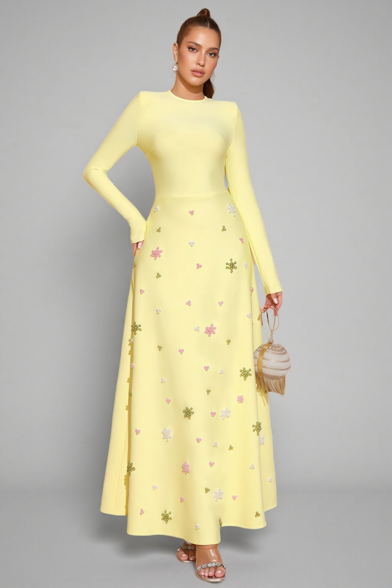 Long Sleeve Crew Neck Beaded Floral Applique A-Line Maxi Gown