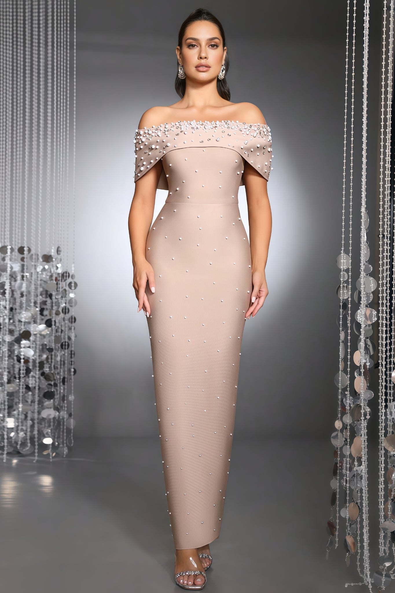 Pearl Beaded Off Shoulder Bandage Maxi Gown