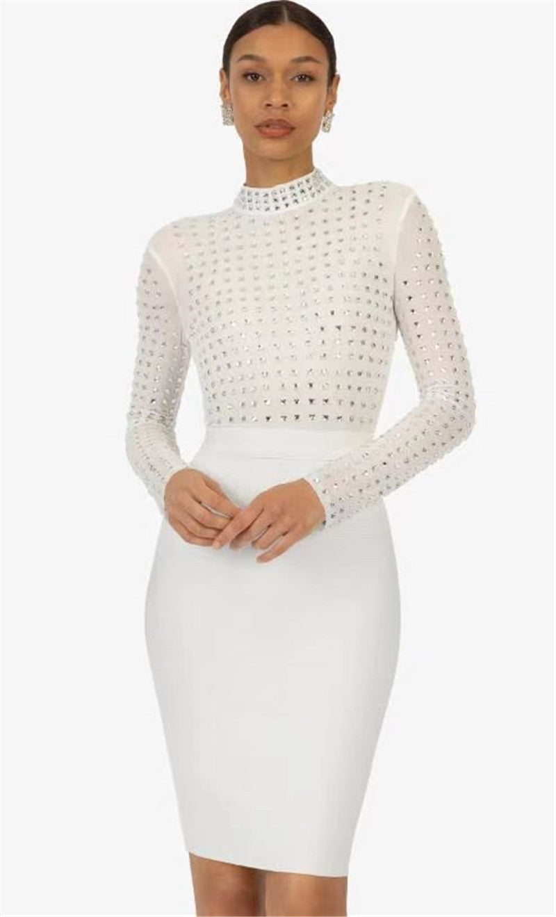 Rhinestone Mesh Mock Neck Long Sleeve Bandage Pencil Midi Dress