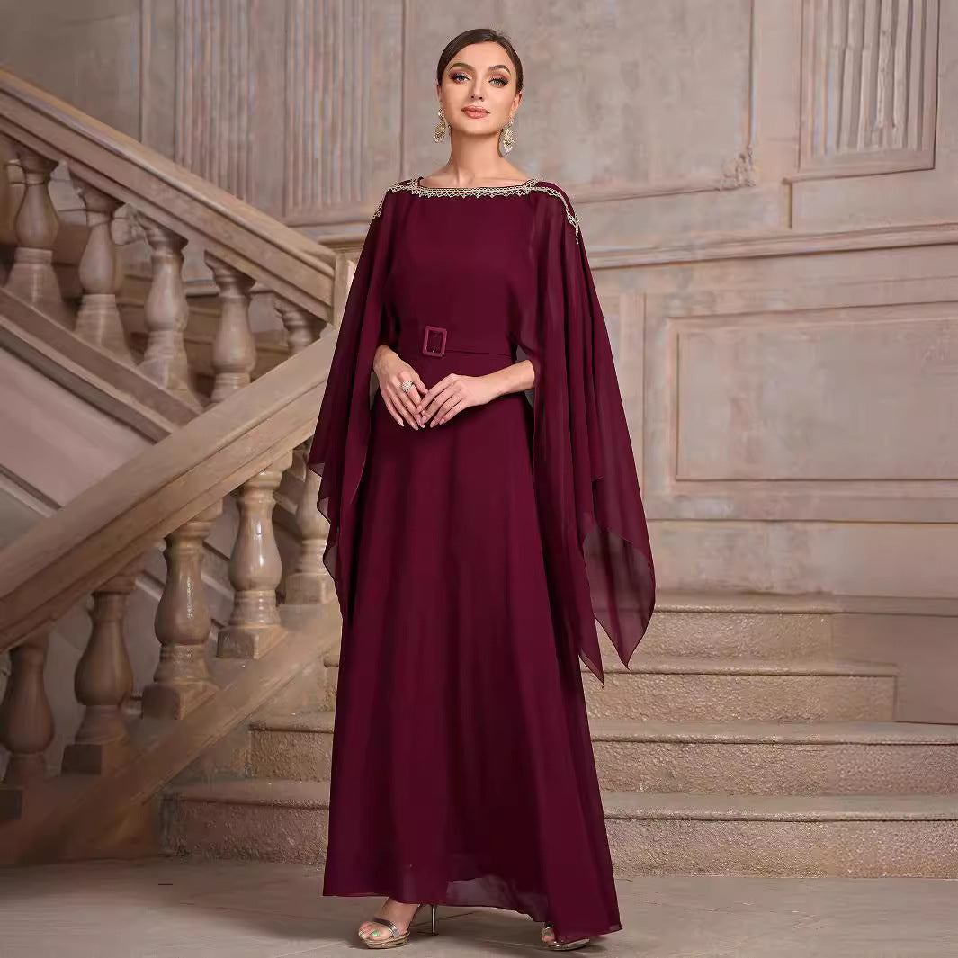 Chiffon Beaded Neckline Sheer Batwing Cape Sleeve Belted Formal Maxi Gown