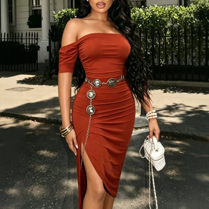 Off Shoulder Ruched Short Sleeve High Split Bodycon Midi Dress