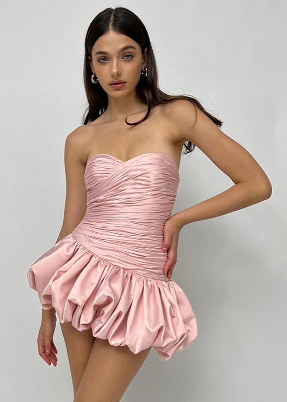 Satin Strapless Sweetheart Ruched Drop Waist Bubble Hem Mini Dress