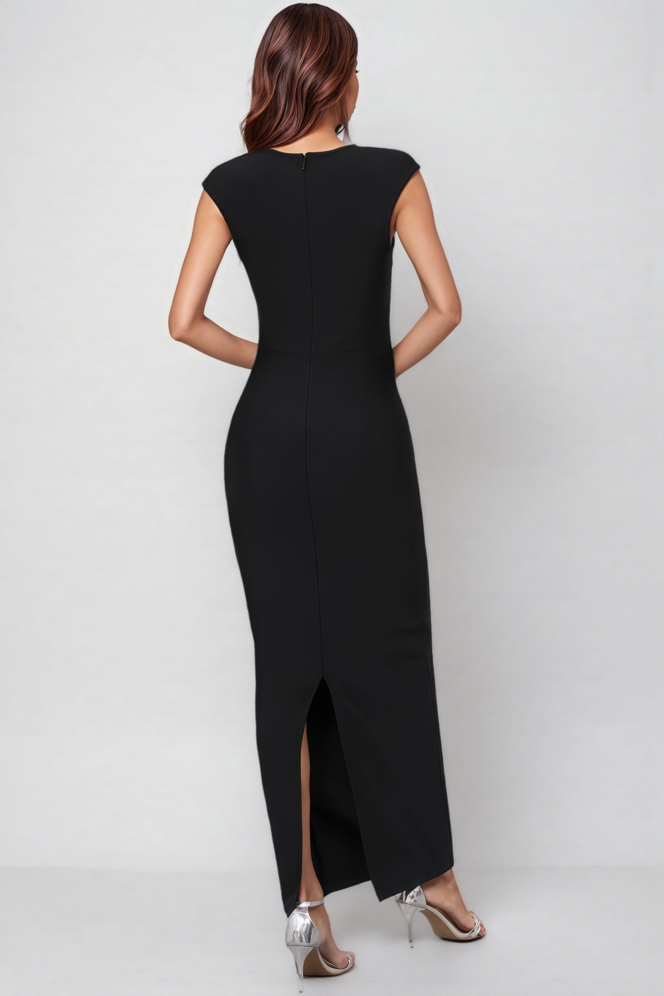 Rhinestone Floral Cap Sleeve Scoop Neck Waist Motif Bandage Maxi Gown