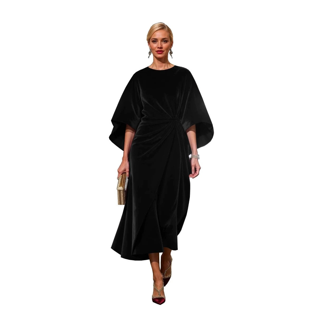Velvet Round Neck Batwing Sleeve Side Twist Ruched Midi Cocktail Dress