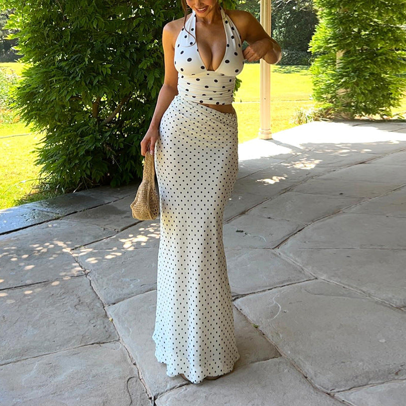 Polka Dot Halter Neck Crop Top and Maxi Skirt Two Piece Set 2