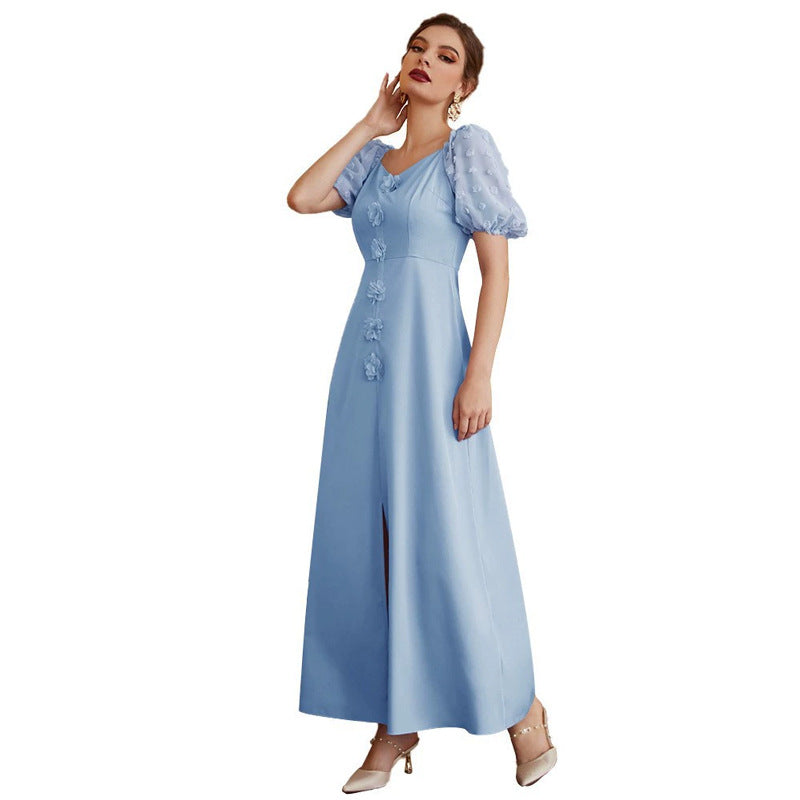 Dress Applique Embroidered Blue High Waist Short Sleeve Puff Sleeve Maxi Dress Summer