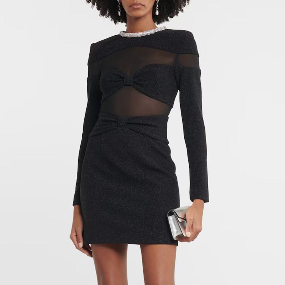 Bow Mesh Rhinestone Strip Dress Black Long Sleeve Semi Transparent - View 3