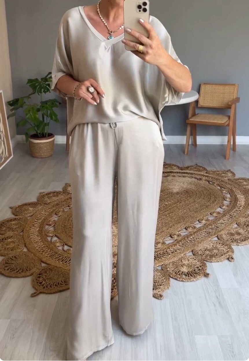 Deep V-Neck Short Sleeve Oversized Wide Leg Two-Piece Set