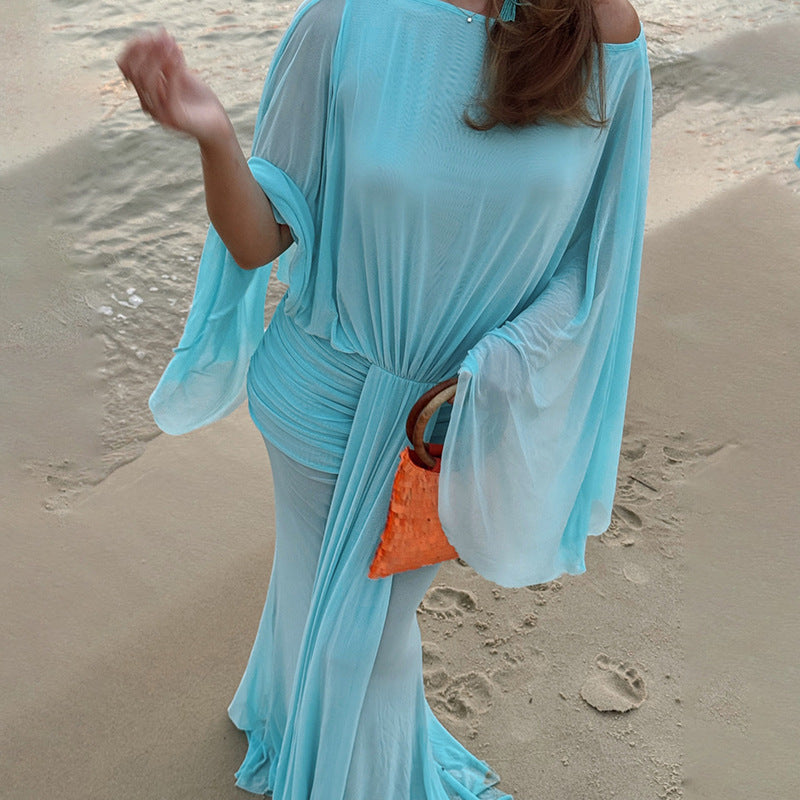 Sheer Mesh Cape Sleeve Boat Neck Column Maxi Dress 2
