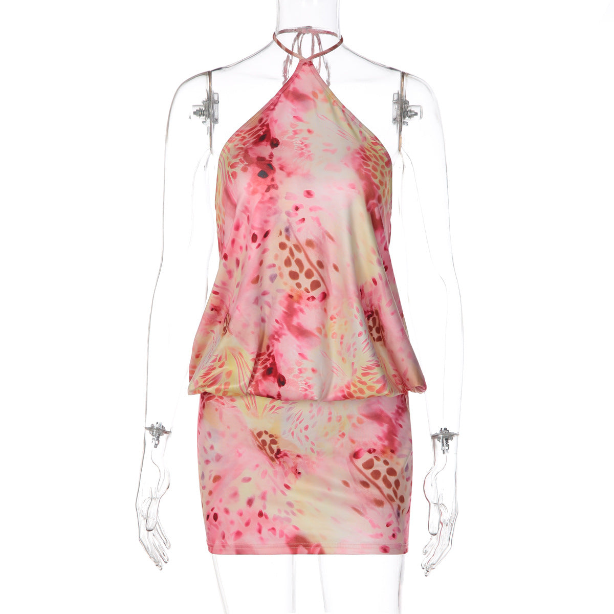 Abstract Print Halter Neck Backless Blouson Mini Dress 3