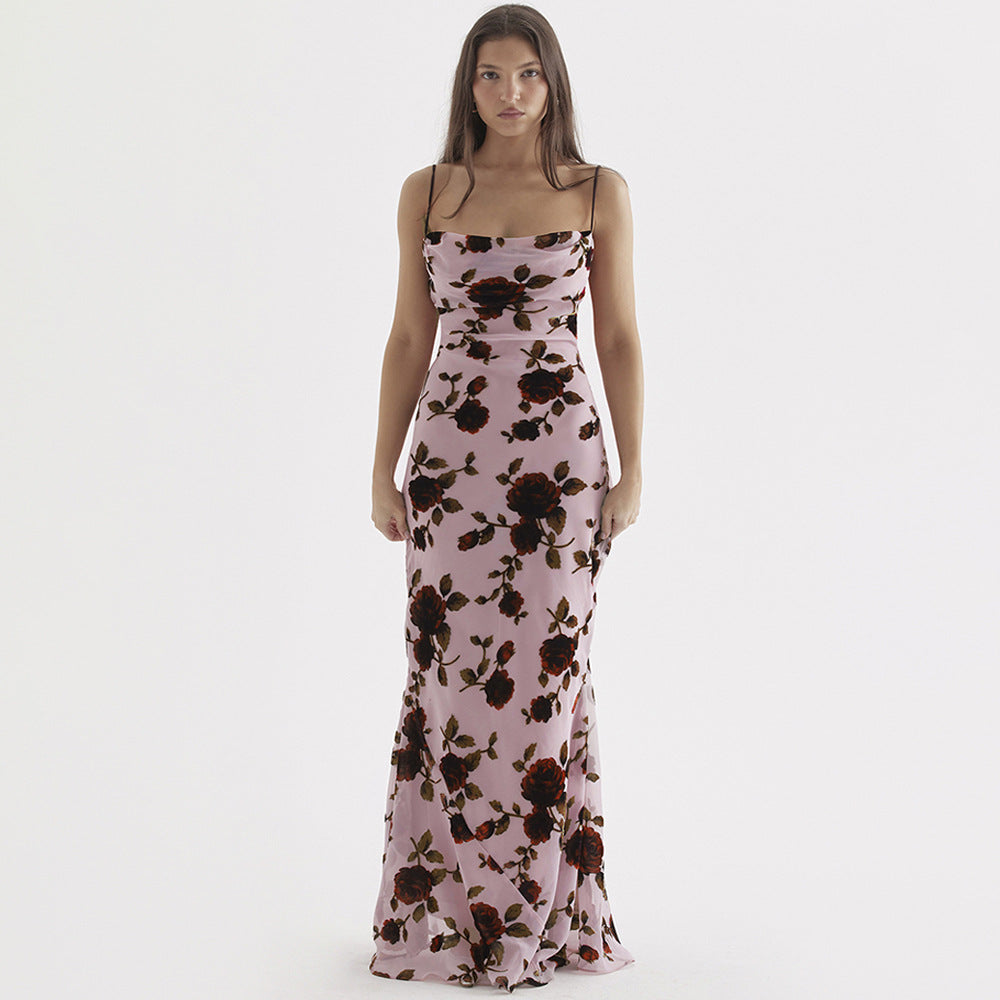 Floral Print Spaghetti Strap Lace Up Backless Slip Maxi Dress
