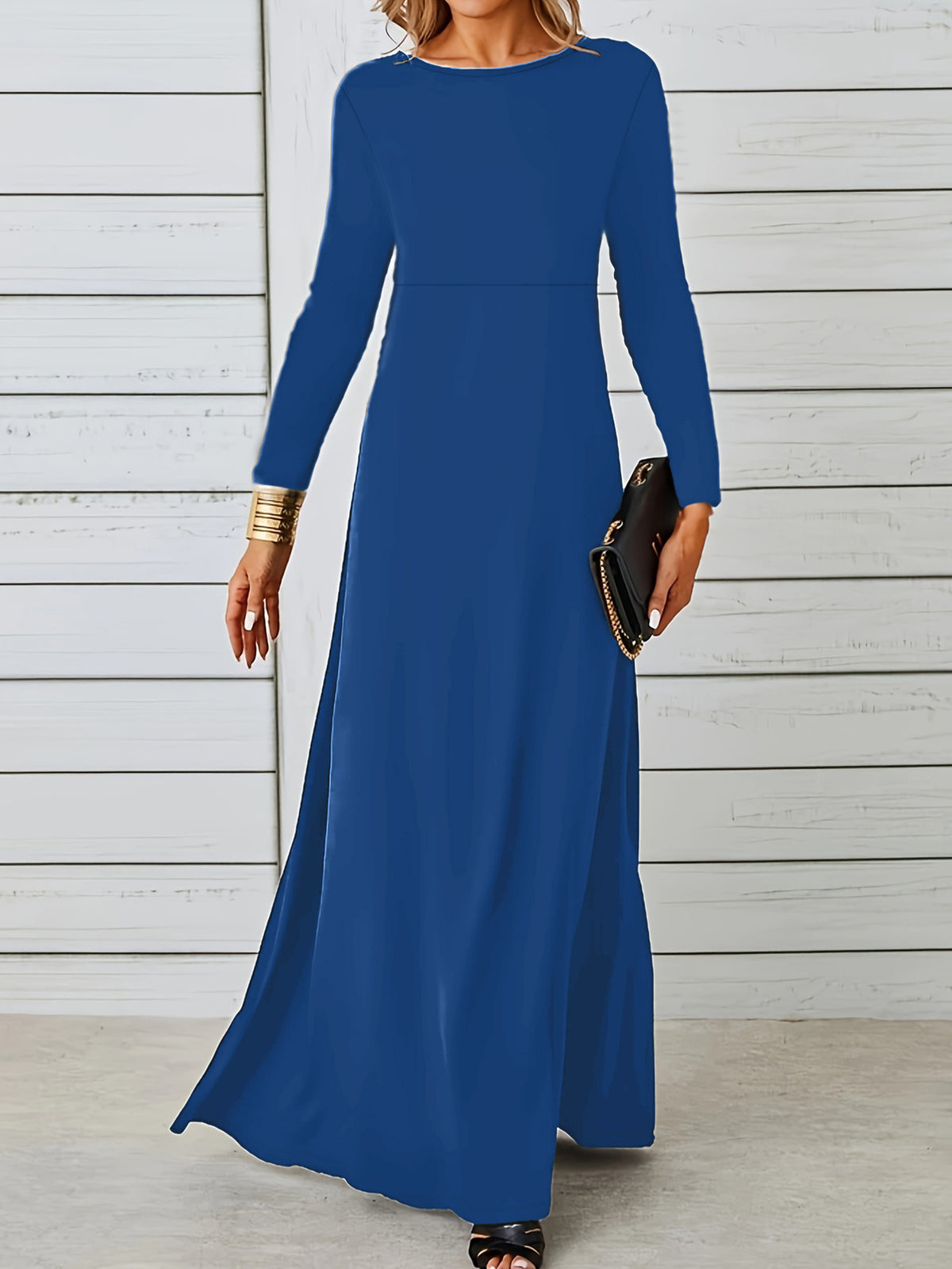 Round Neck Long Sleeve High Waist A-Line Maxi Dress 5