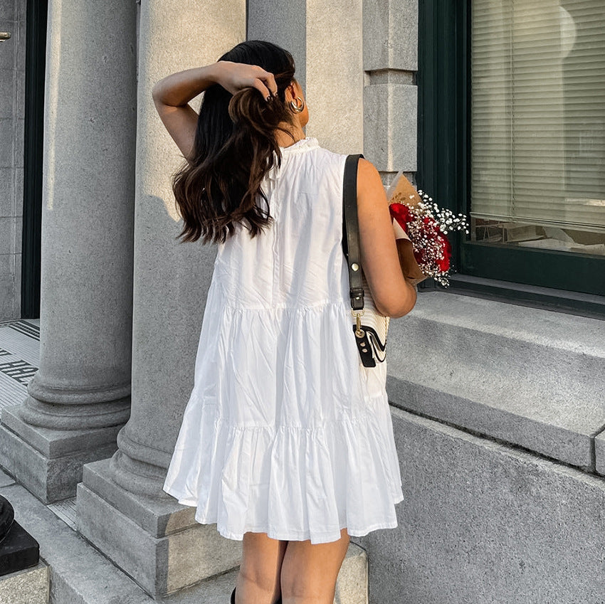 All Match White Elegant Dress round Neck Bow Lace up Elegant Loose Short