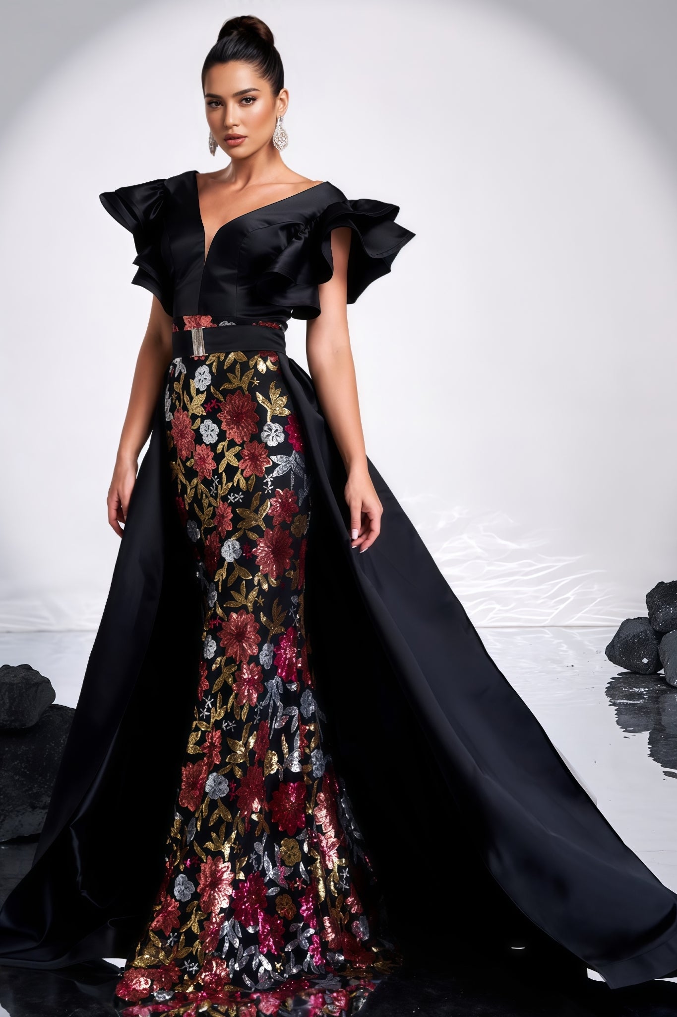Floral Brocade V-Neck Ruffle Sleeve Mermaid Maxi Gown