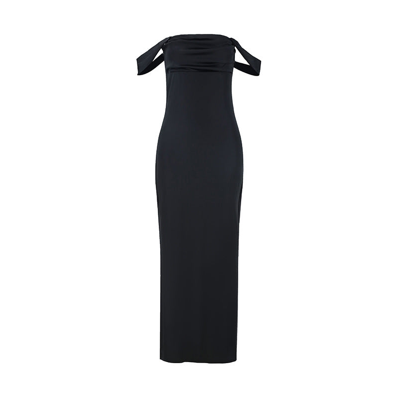 Satin Off Shoulder Draped Strap Backless Column Maxi Dress 3