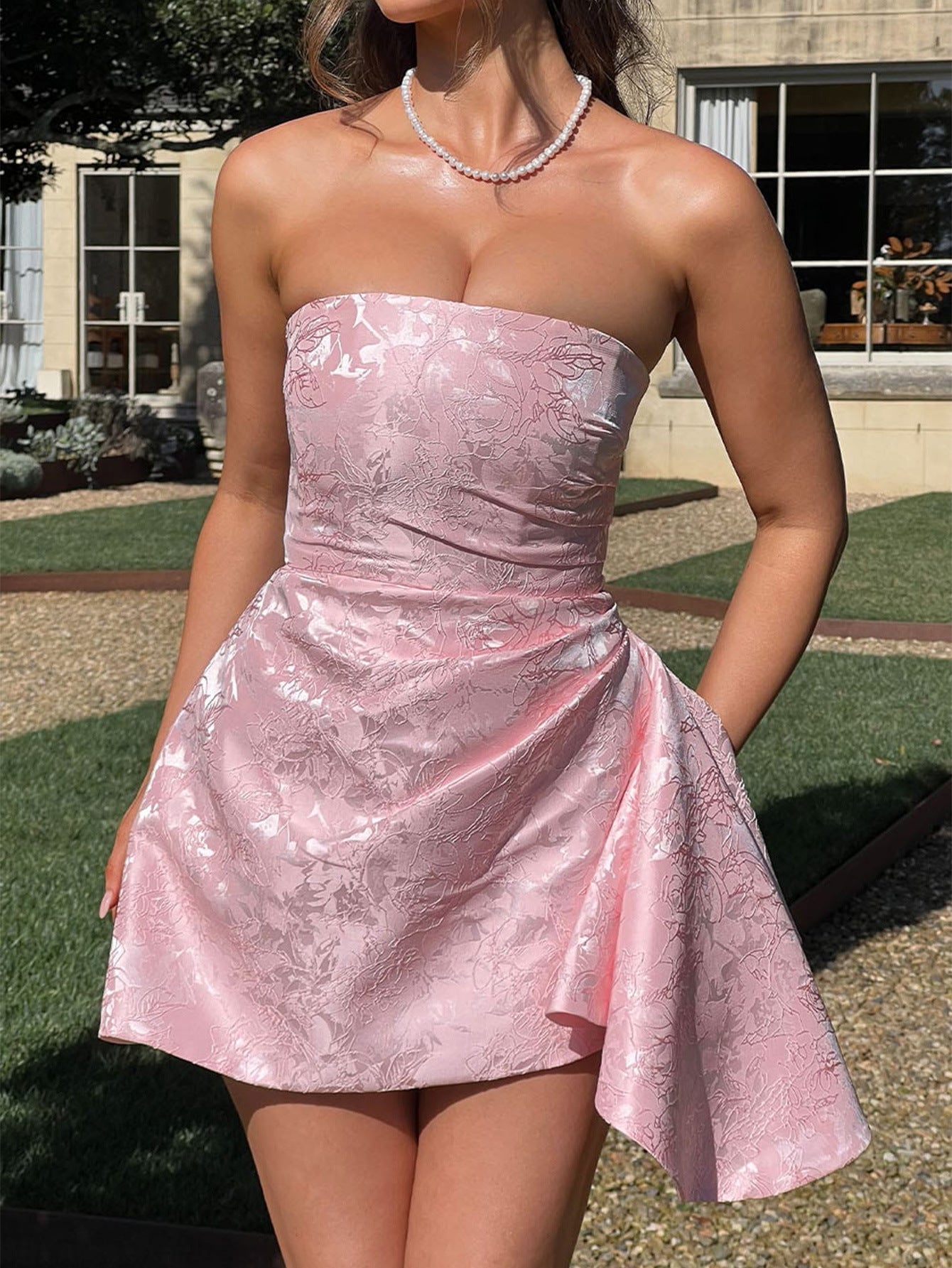 Floral Jacquard Strapless Asymmetric Hem Fit and Flare Mini Dress