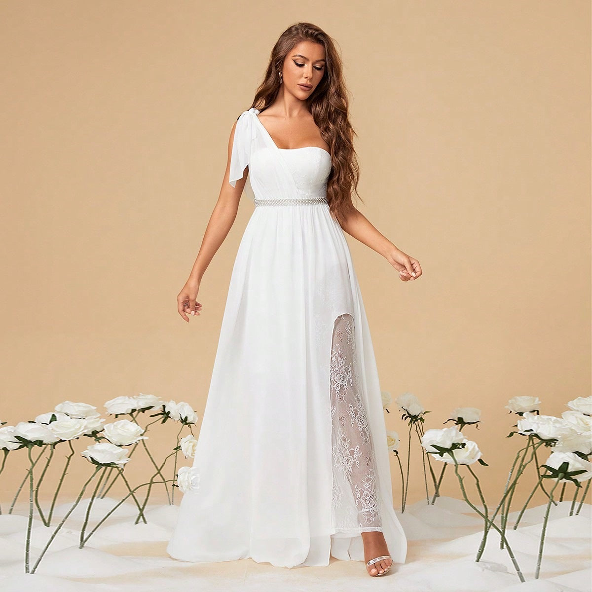 Chiffon One Shoulder Tie Strap Lace High Split A-Line Maxi Dress