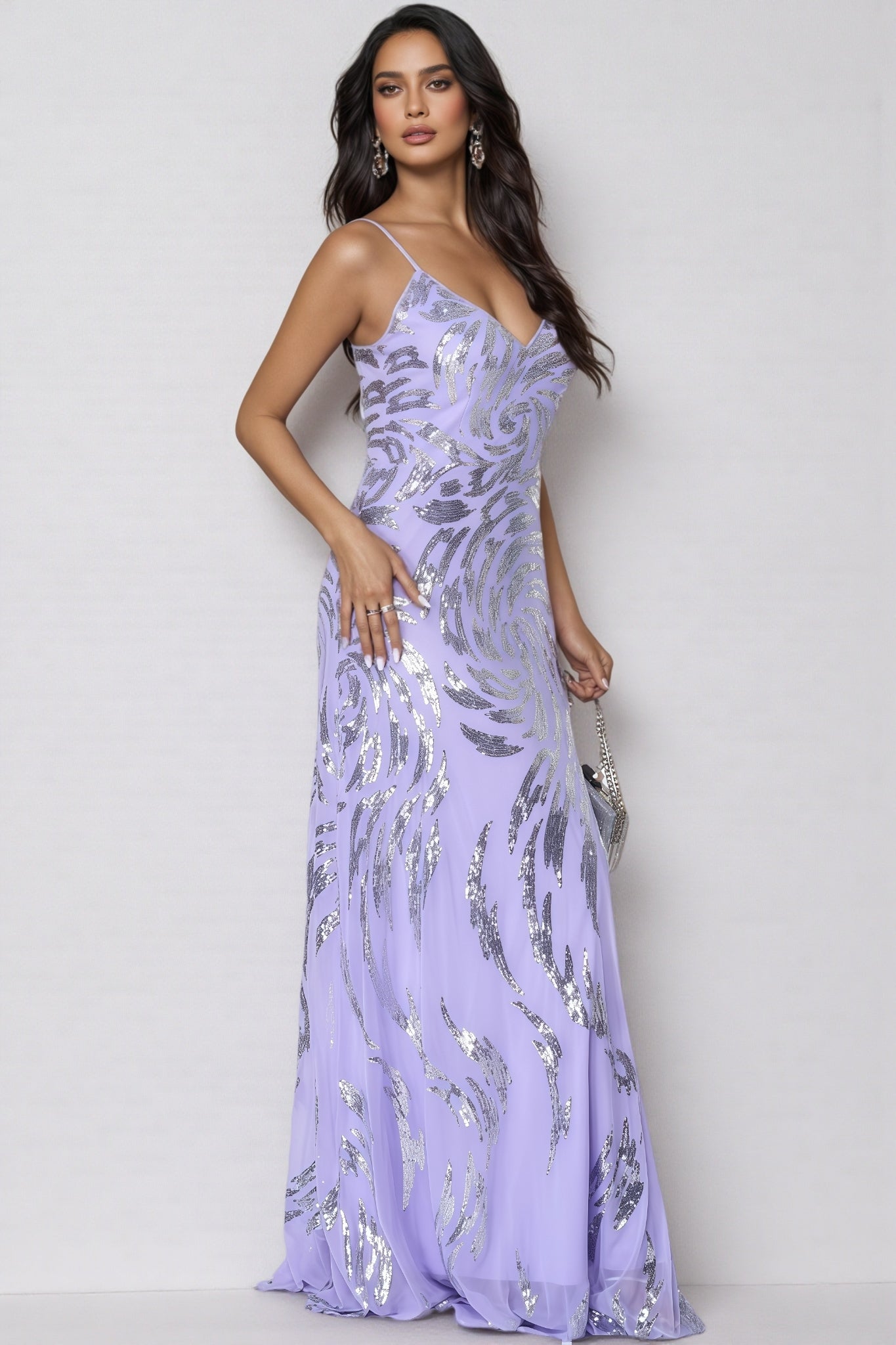 Benjamd Purple V-neck Sequin Maxi Dress - View 3