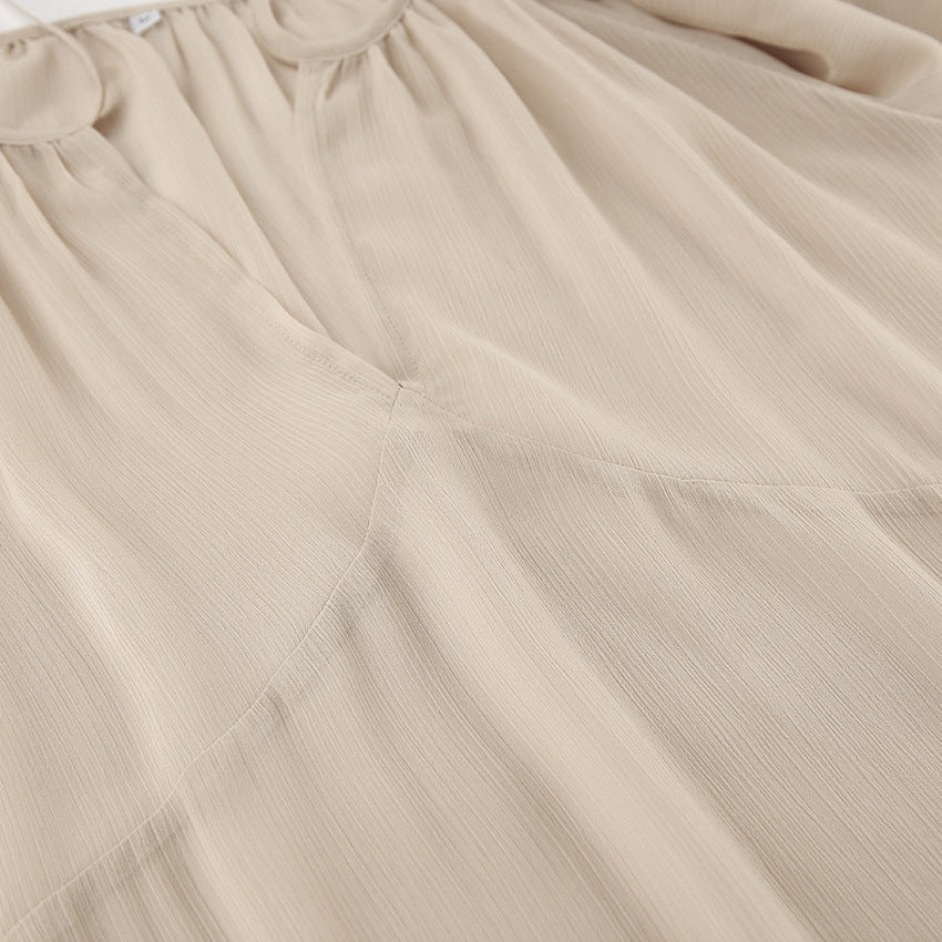 Sheer Tiered V-Neck Tie Neck Long Flared Ruffle Sleeve Maxi Dress