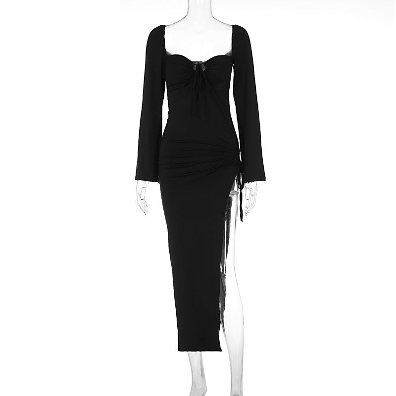 Long Sleeve Lace Up Slim Fit Backless Hollow Out Cutout Split Dress - View 4