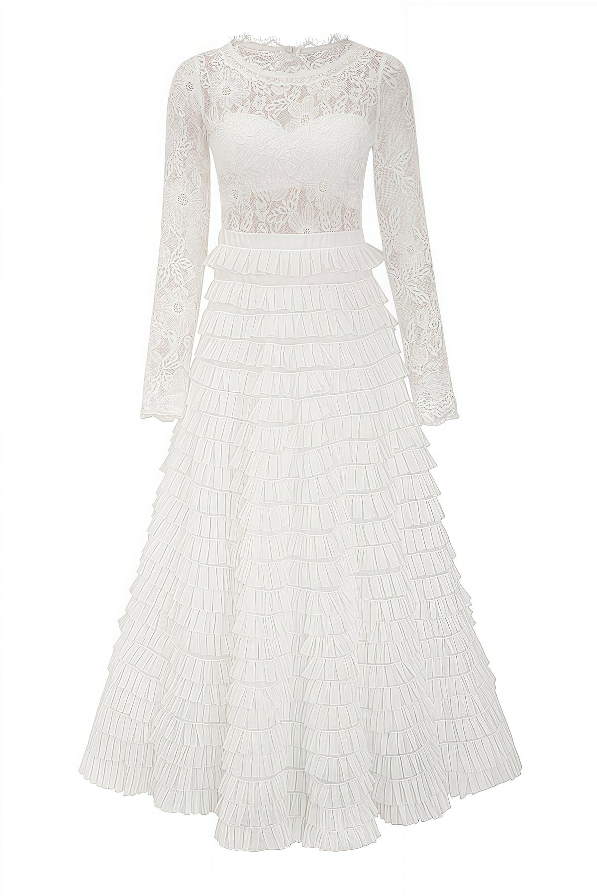 Sheer Lace Long Sleeve Tiered Ruffle Tulle A-Line Midi Dress 5