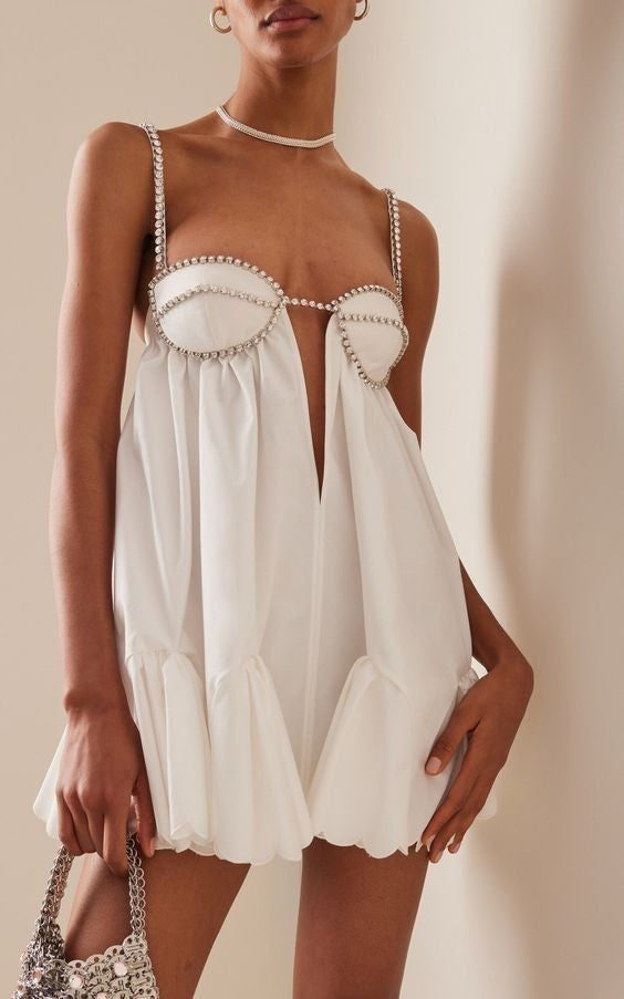 Pleated Rhinestone Cami Mini Dress in White - View 5