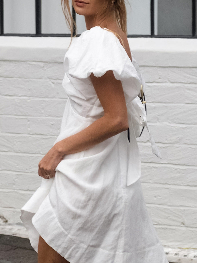 V-Neck Puff Sleeve Ruched Mini Dress Summer 4