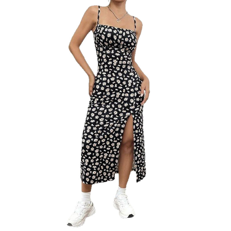 Square Neck Spaghetti Strap Floral High Split Bodycon Midi Dress 5