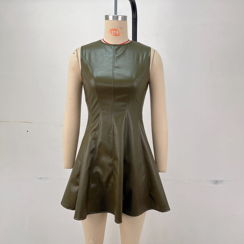 Faux Leather Round Neck Sleeveless Paneled Fit and Flare Mini Dress 5