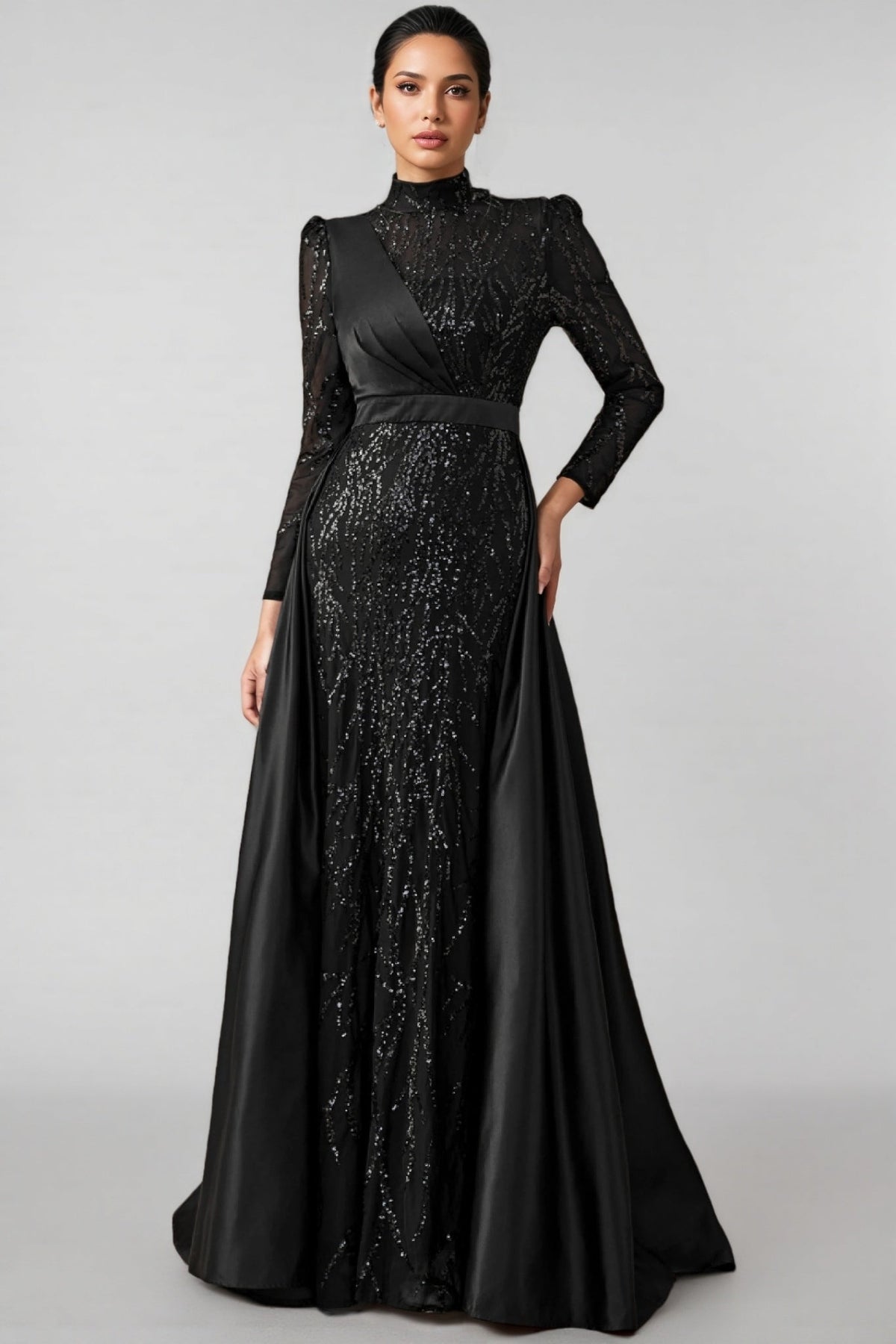 Sequin Mock Neck Long Sleeve Satin Overskirt Maxi Gown 2