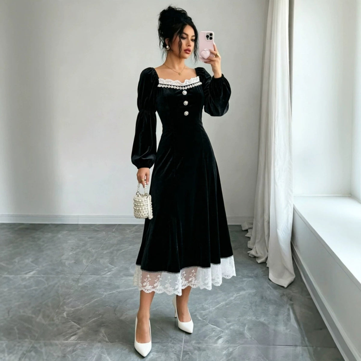 Velvet Square Neck Lace Trim Puff Sleeve Button Front Midi Dress
