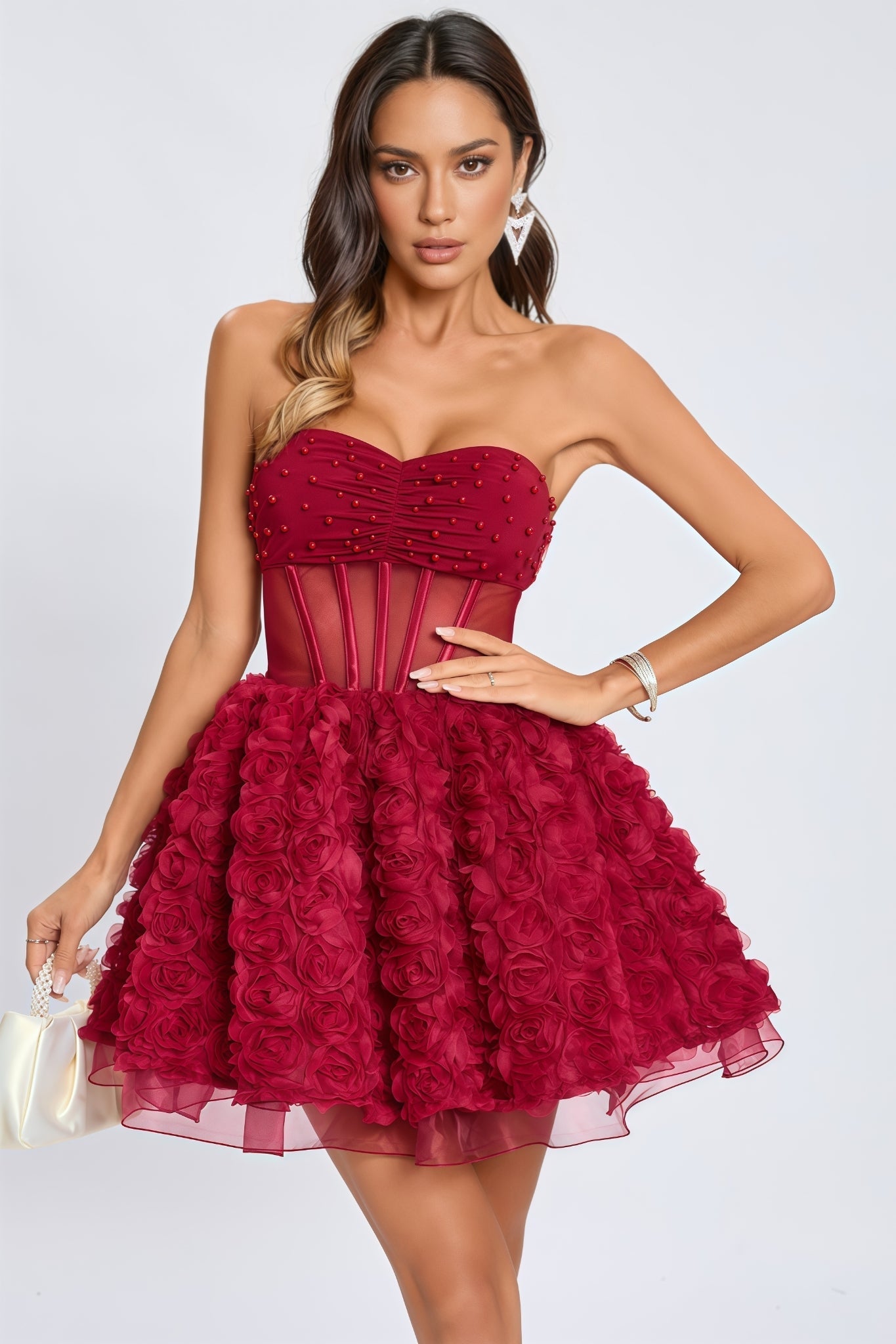 Beaded Strapless Corset 3D Rose Tulle Mini Dress