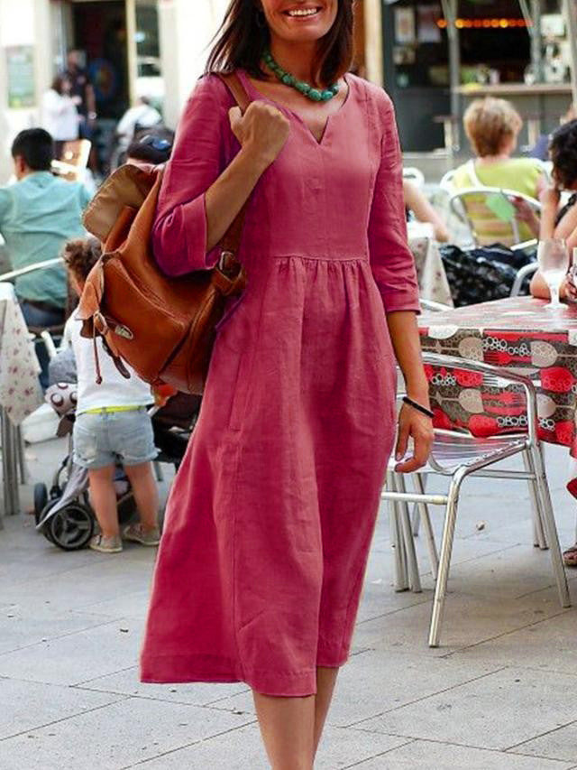 Linen-Look V-Neck Three Quarter Sleeve Gathered Waist Midi Dress 3