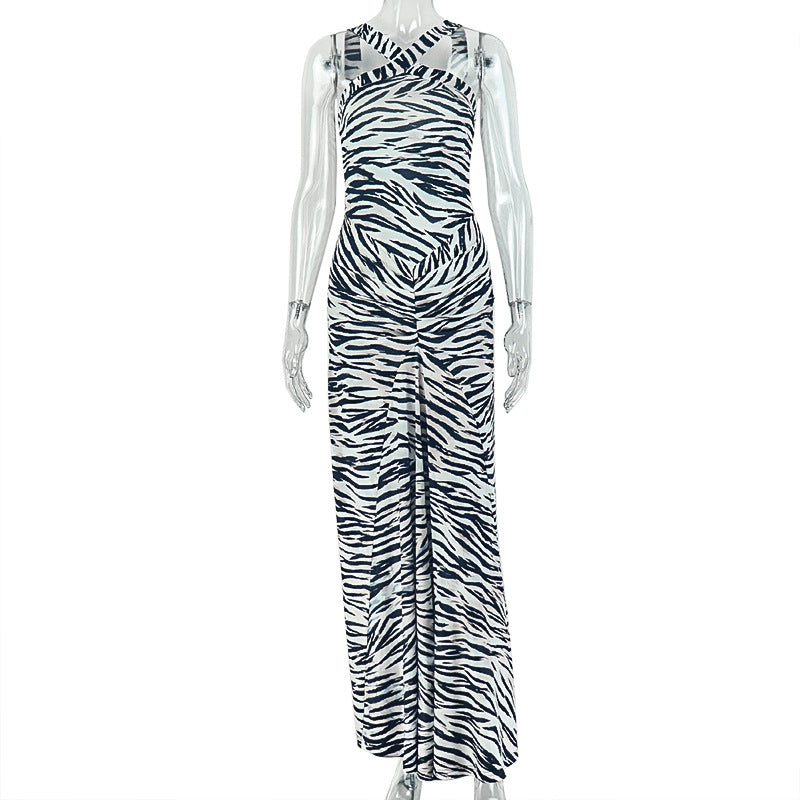 Zebra Print Cross Halter Neck Ruched Front Bodycon Maxi Dress 2