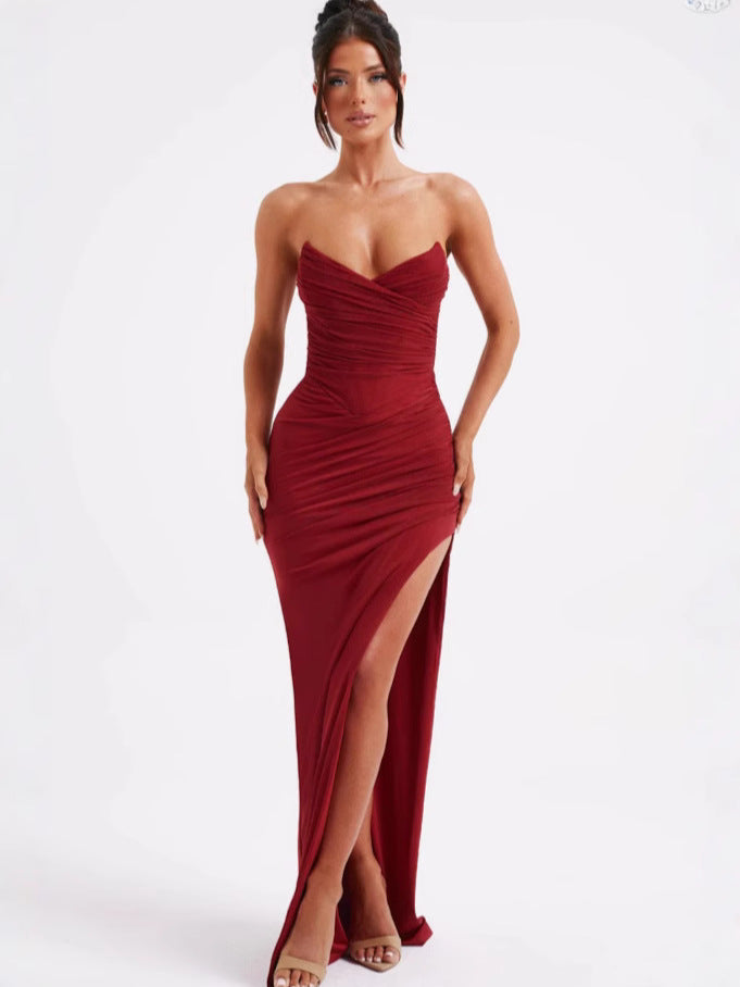 Strapless Sweetheart Ruched Crossover Wrap High Split Maxi Gown