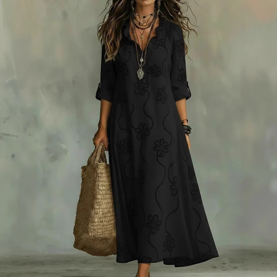 Floral Embroidered Ruffle V-Neck Roll Tab Sleeve A-Line Maxi Dress 3