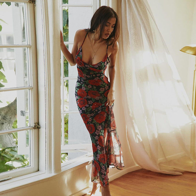 Floral Cowl Neck Spaghetti Strap Slip Maxi Dress