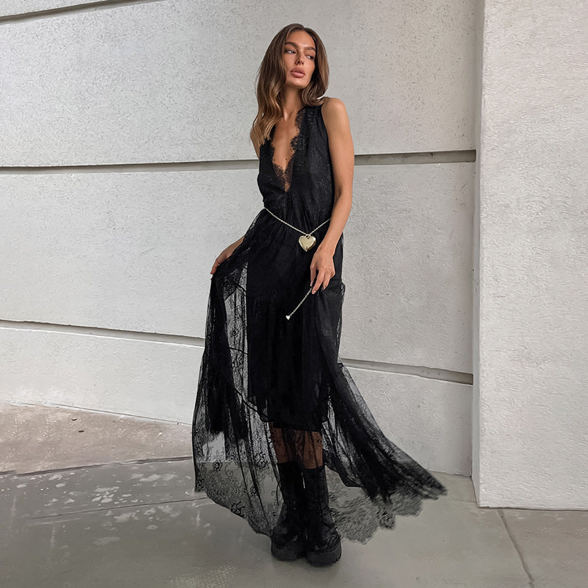 Sexy Black Brocade Lace Dress All Matching Sexy V-neck Loose Backless Women Dress 3