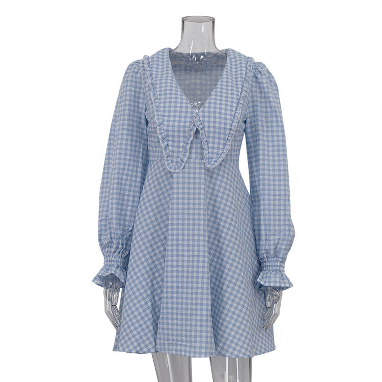 Office Design A line Dress Pink Plaid Butterfly Collar Long Sleeve Dress