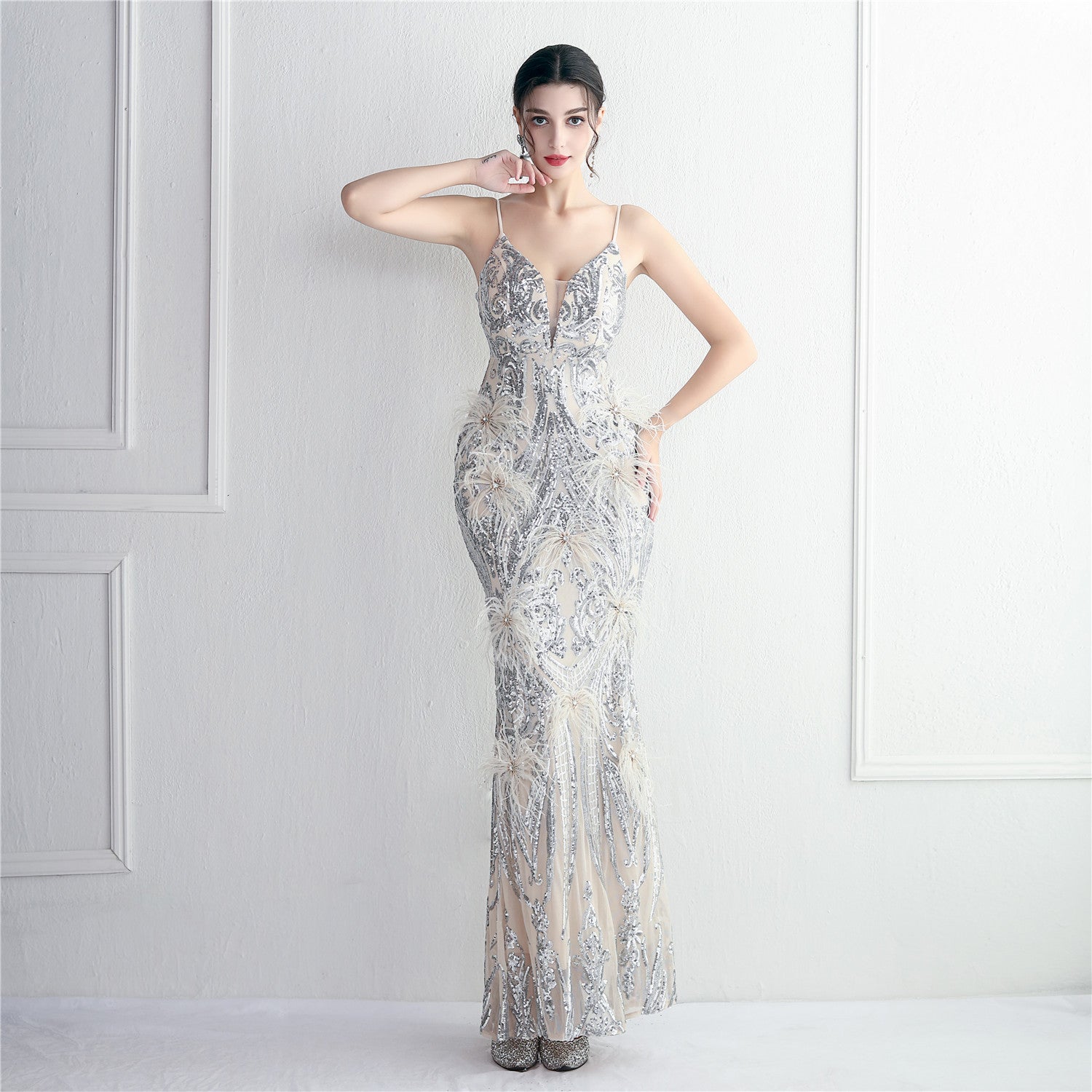 Positioning Floral Craft Beading Craft Imported Wool Dress Long Banquet Slim Fit Evening Dress Elegant
