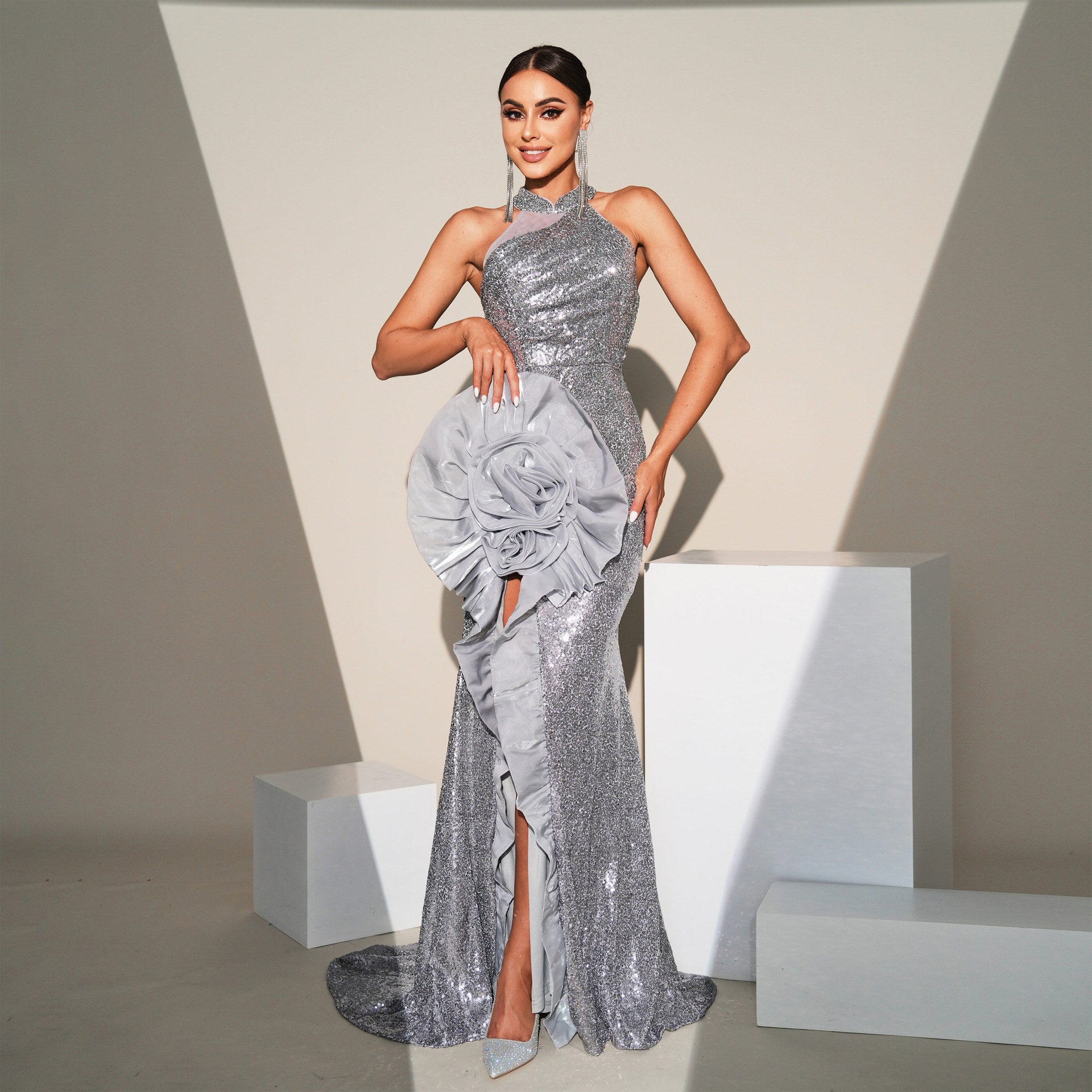 Sequin Halter Neck Rosette High Split Ruffle Mermaid Gown