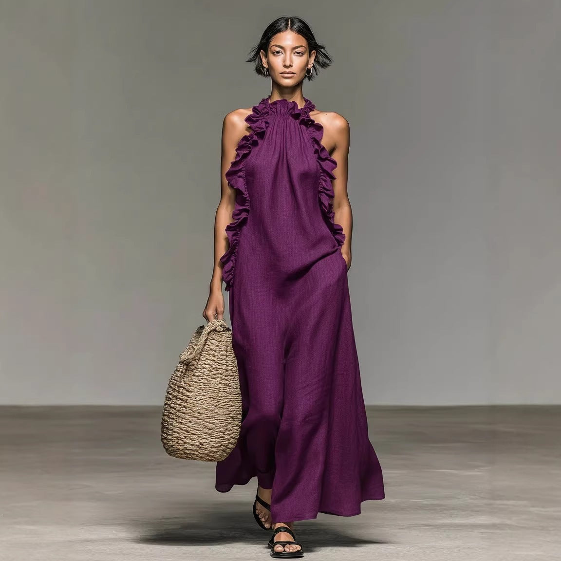 Halter Neck Ruffle Trim Sleeveless Maxi Dress 9